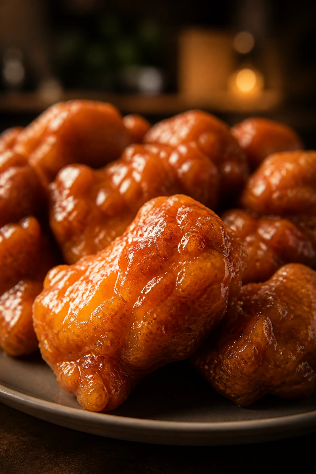 Battered orange chicken piece on plate in a warm kitchen setting