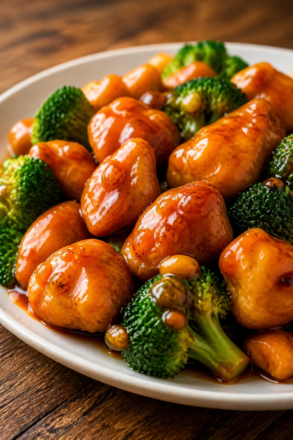 Close-up of sticky orange chicken with broccoli on plate