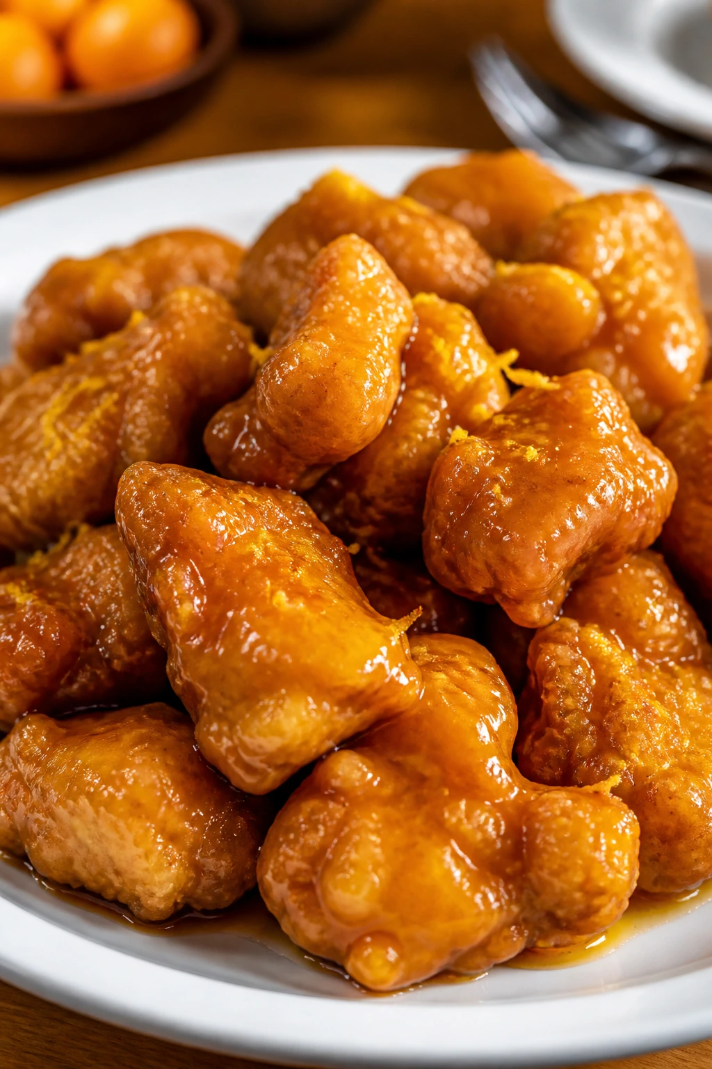 Close-up of orange chicken with citrus glaze and orange zest