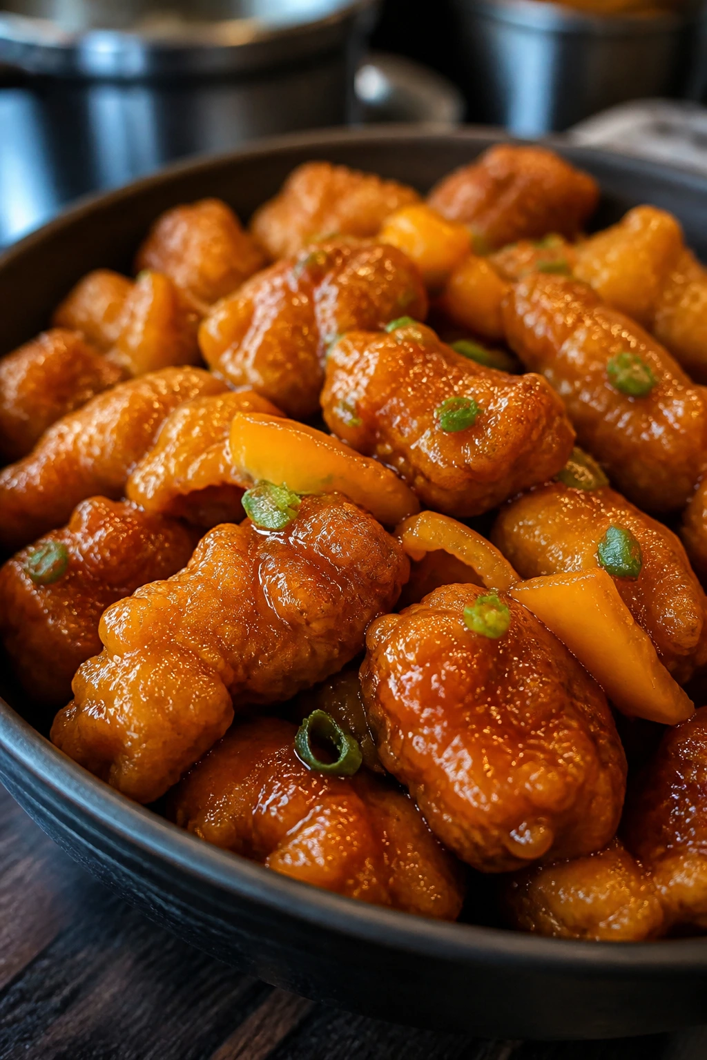 Orange chicken with crisp crust and glossy coating on a plate.