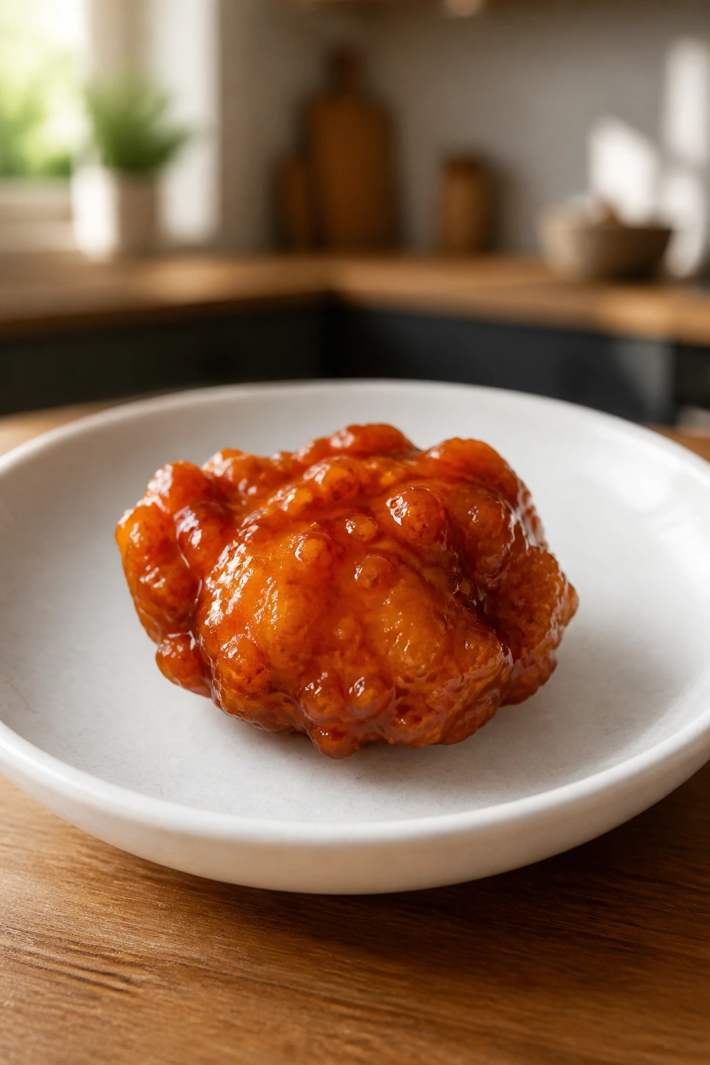 Crispy chicken with glossy orange sauce on a plate, top-down view.