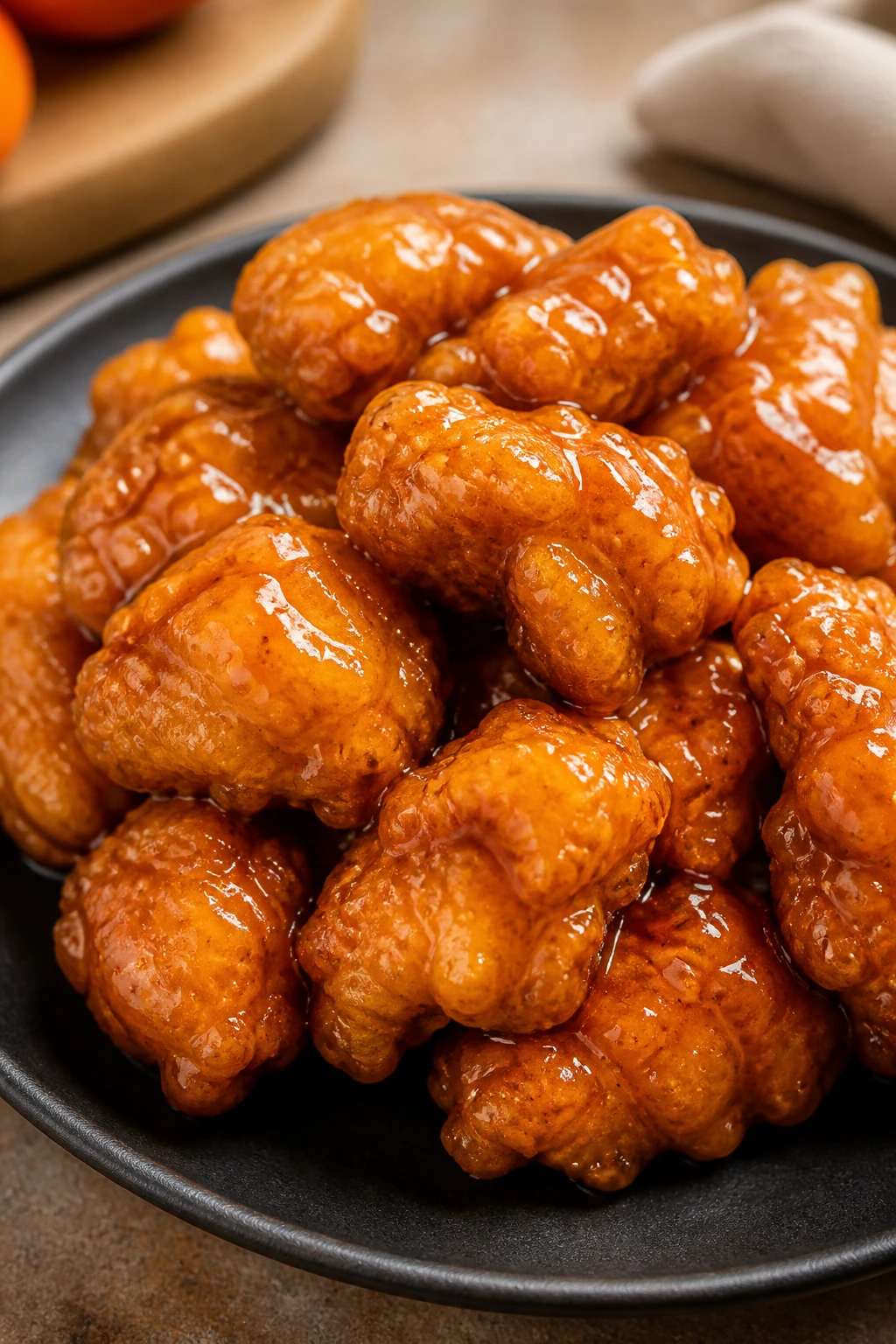 Close-up of glossy crispy orange chicken on a dark plate