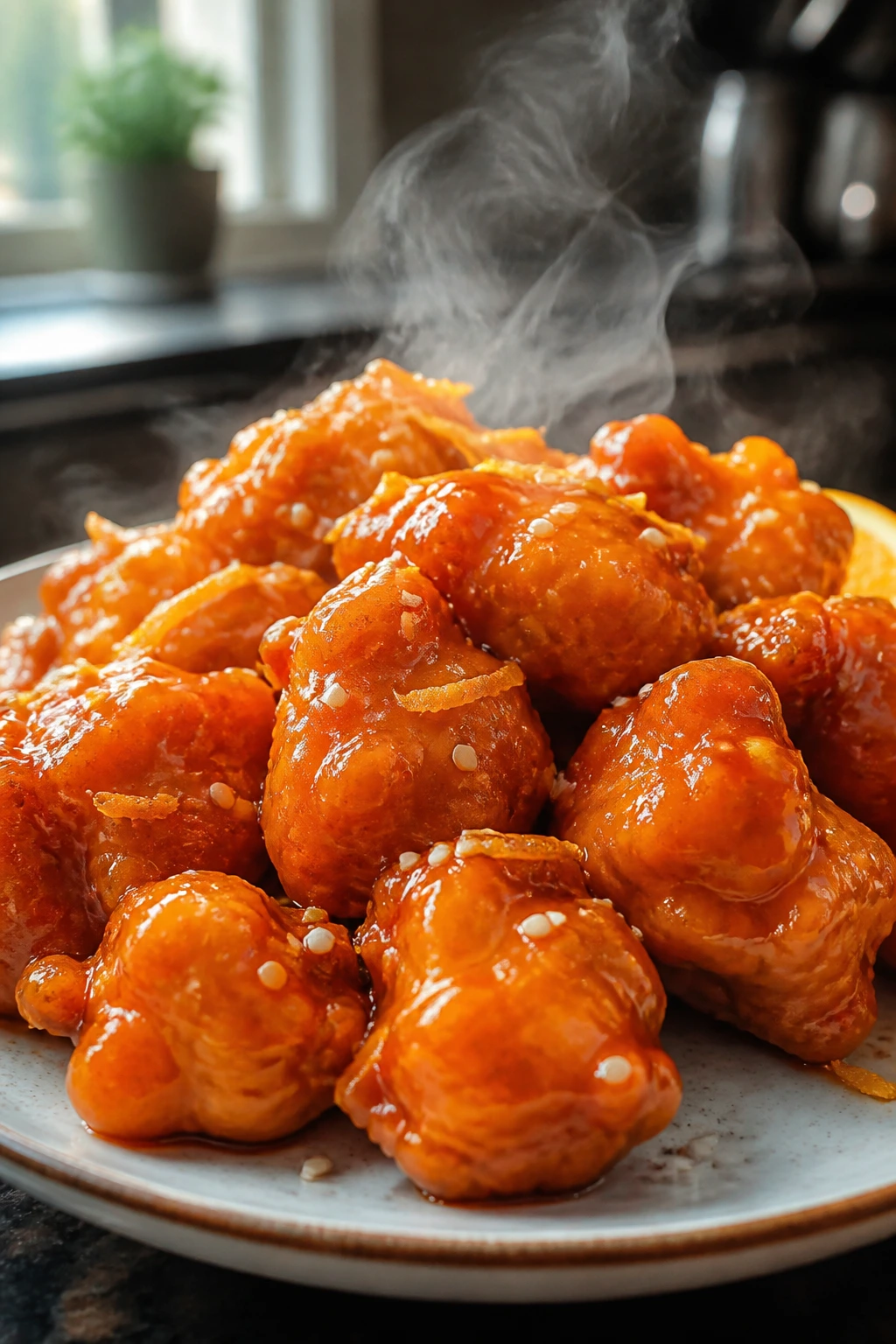 Glossy orange-glazed chicken pieces on a plate