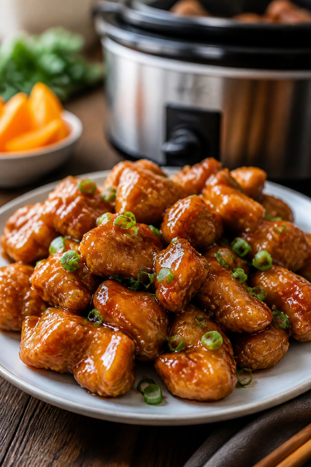 Orange-chicken style dish in glossy sauce on plate with crockpot in background