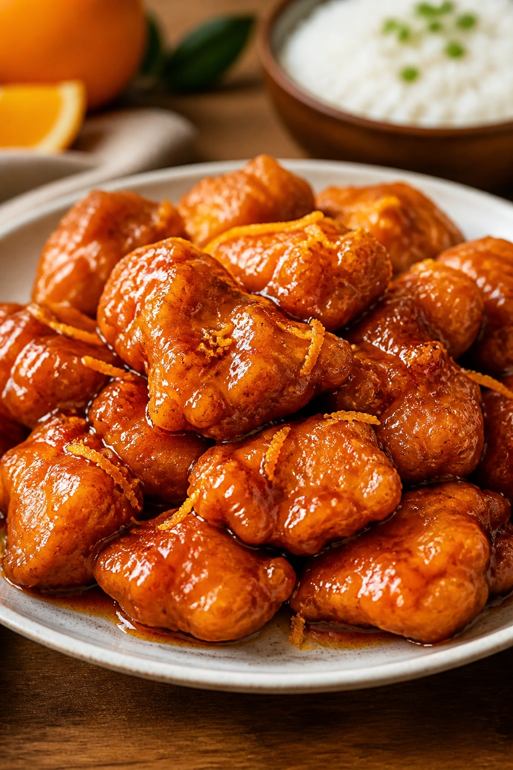 Orange chicken with orange zest glaze on plate