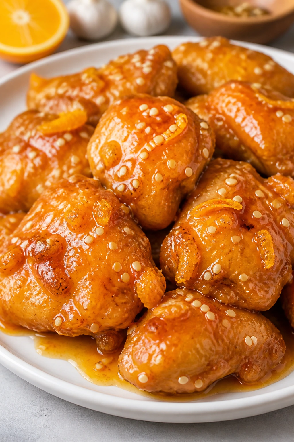 Orange chicken with glossy glaze and zest on plate