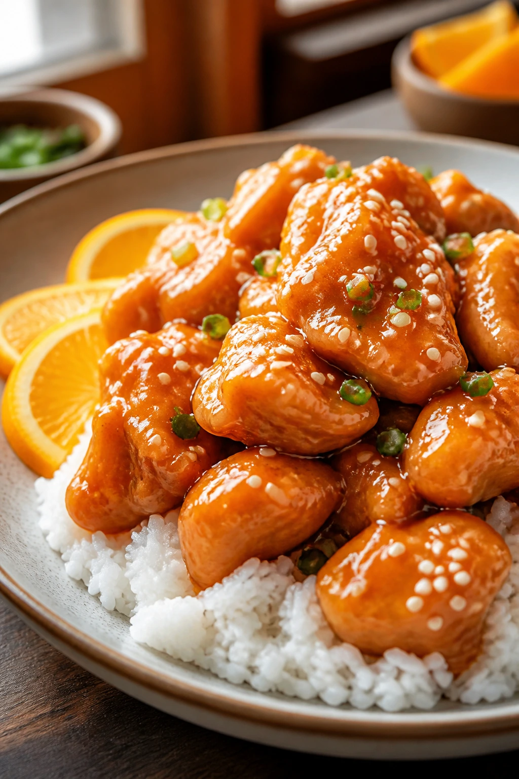Orange chicken glazed in citrus sauce over white rice