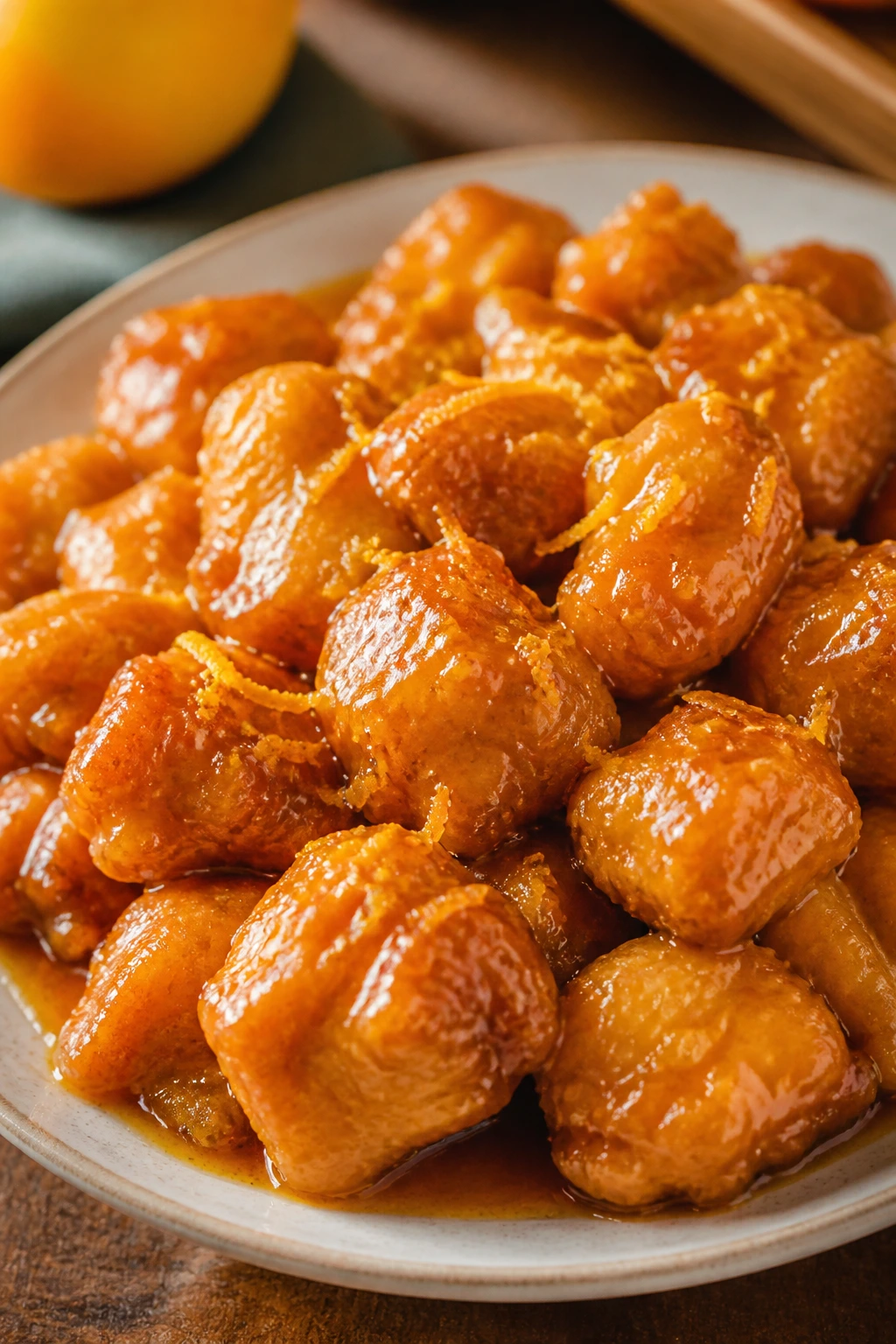 Orange chicken with citrus glaze on plate.