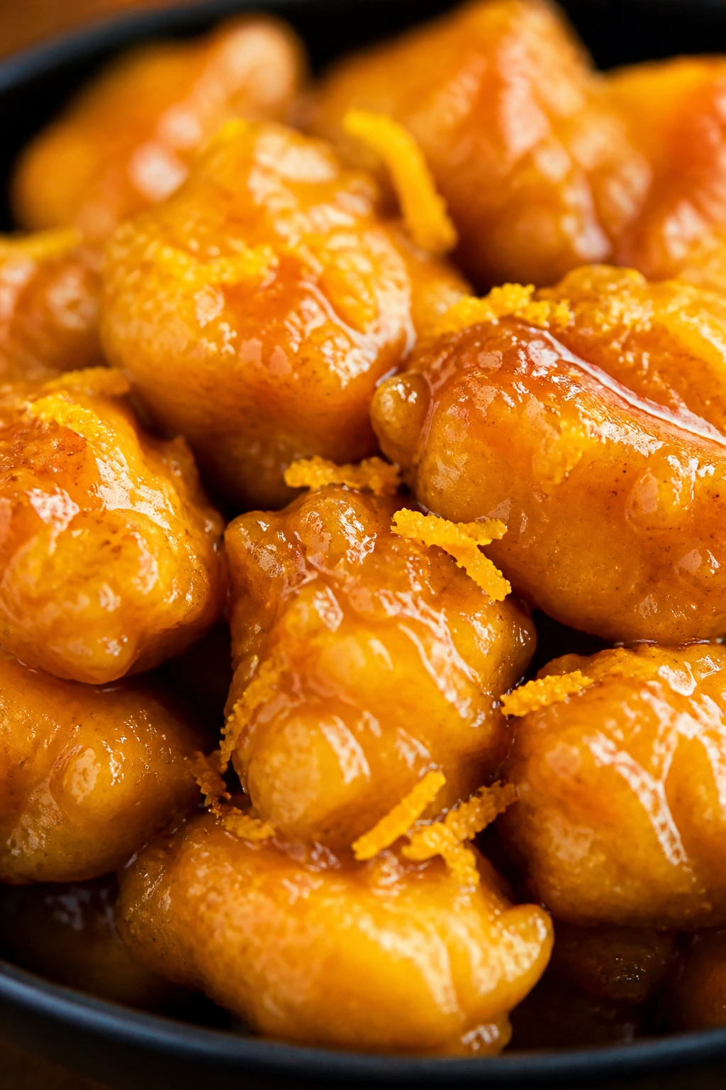 Orange chicken in bright glossy sauce with zest