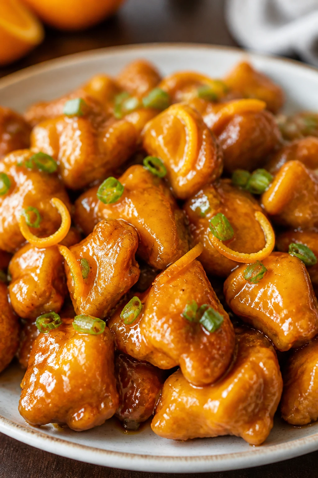 Close-up of lacquered orange chicken on a plate