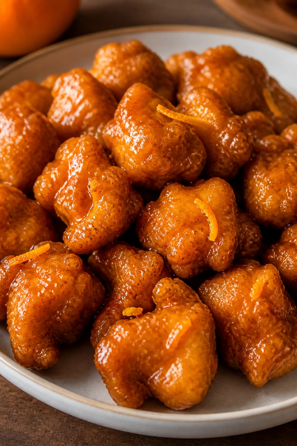 Orange-glazed chicken bites on plate
