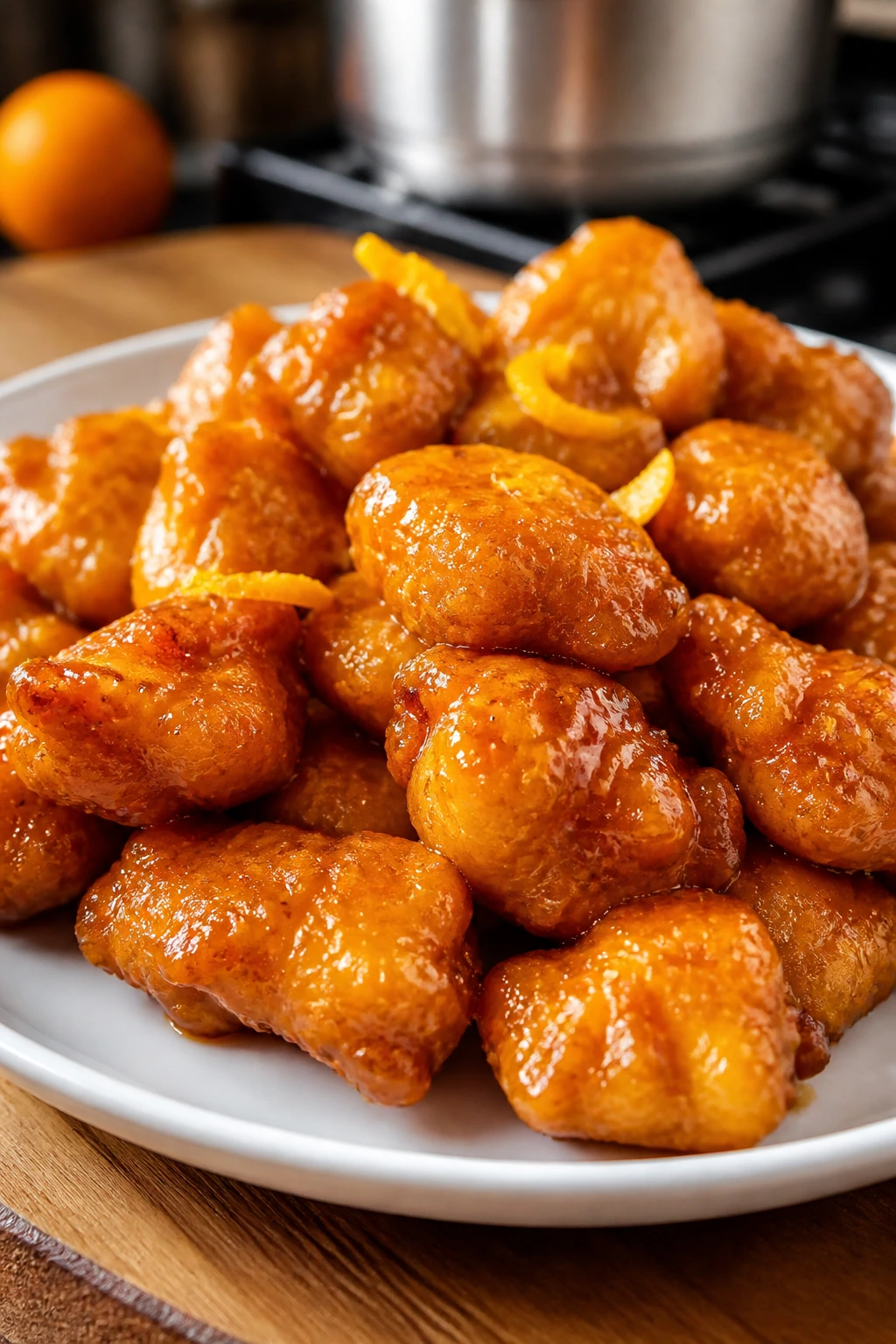 Close-up of crispy orange chicken with glossy glaze on a plate in a warm kitchen.