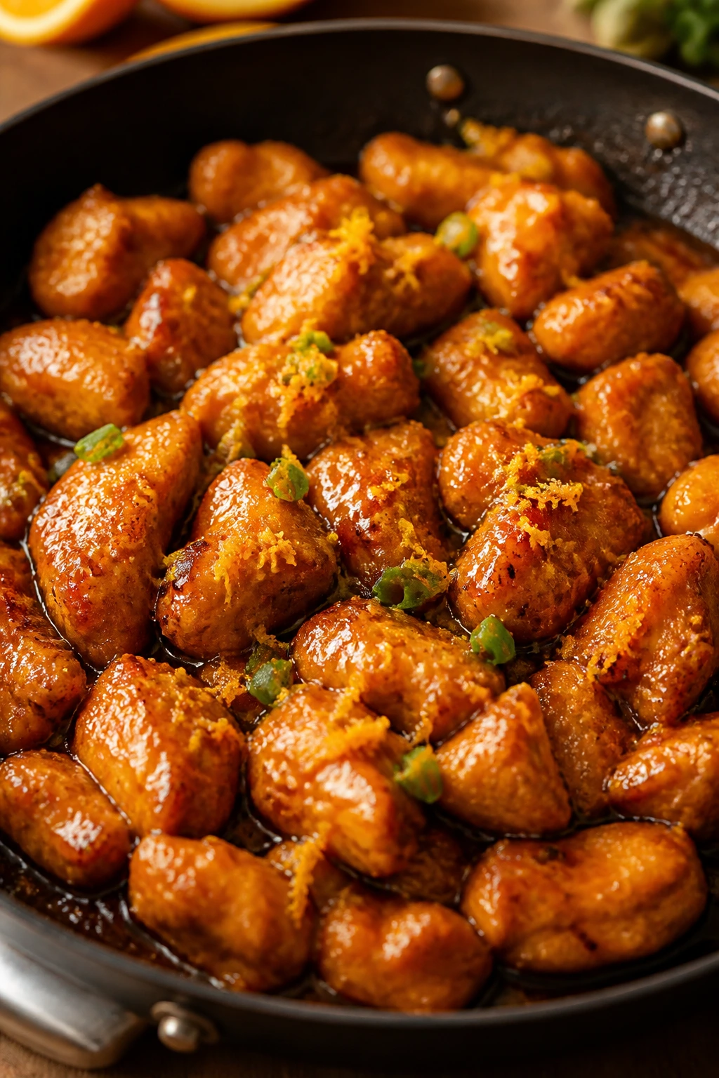 Orange chicken with bright glossy glaze in a skillet.