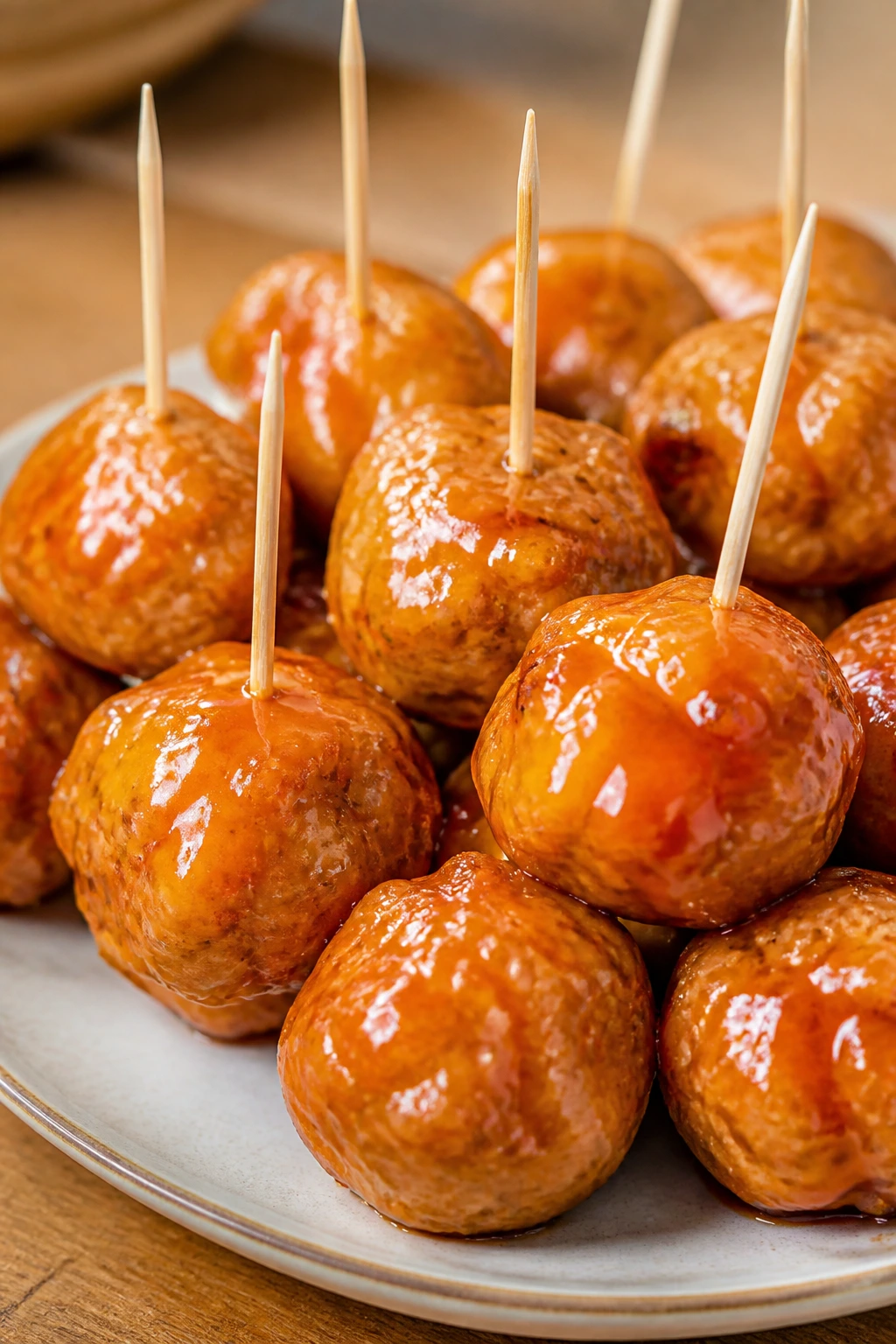 Orange chicken meatballs with glossy glaze on plate