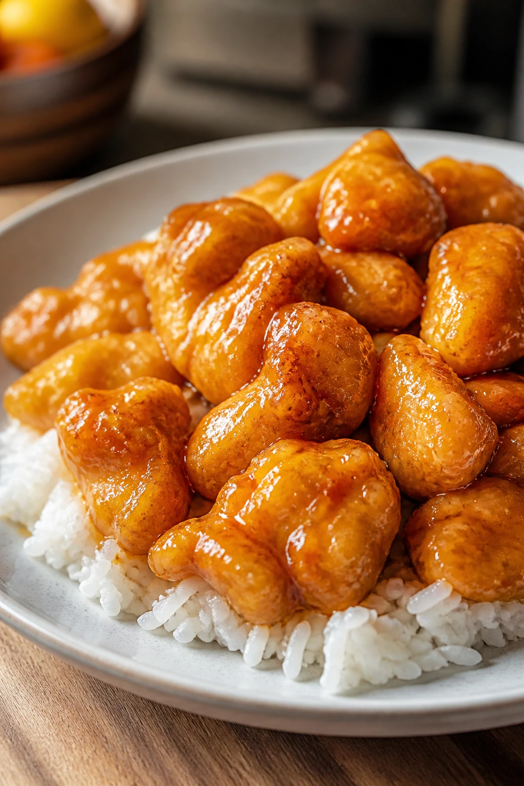 Mild orange chicken bites with glossy glaze served with rice