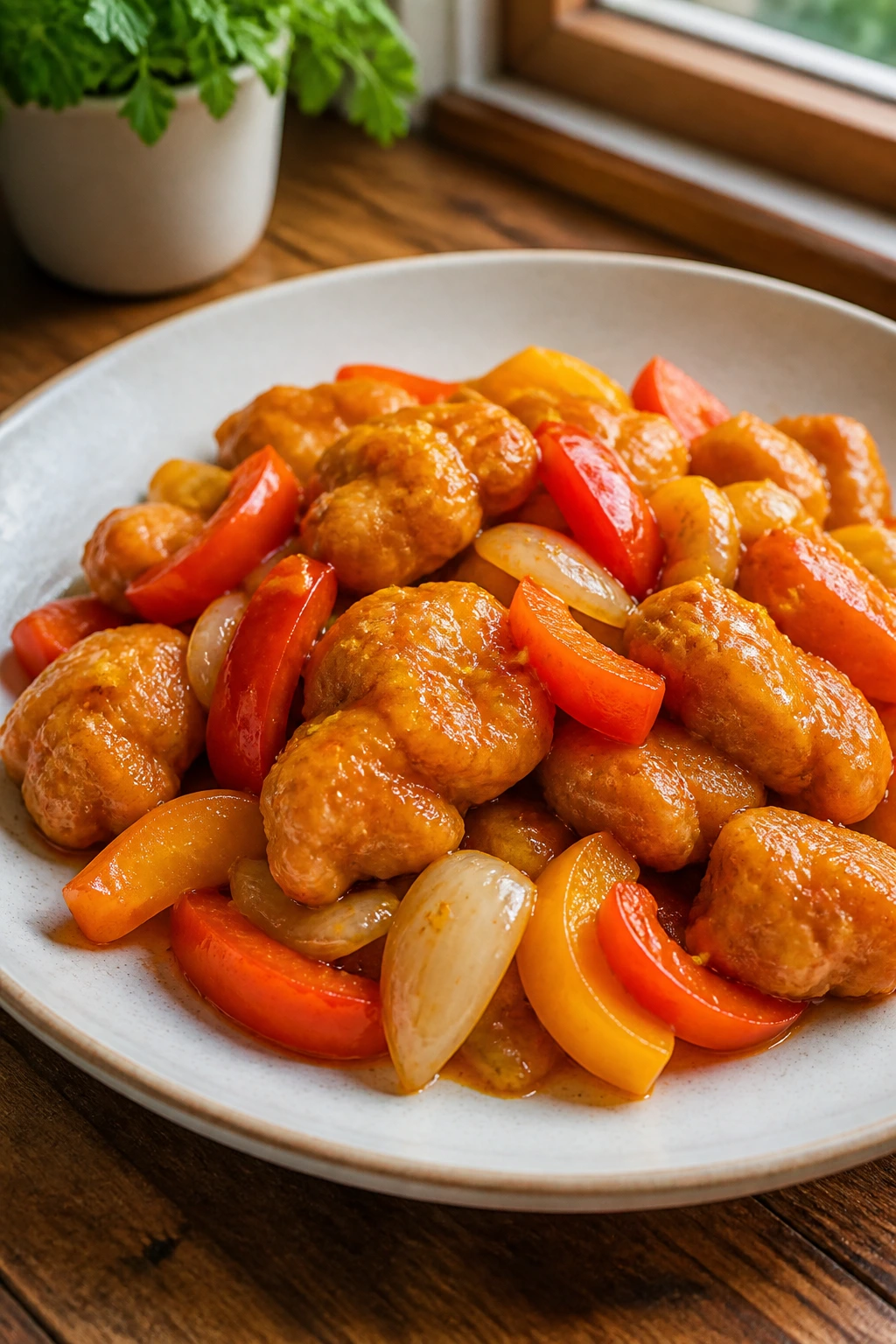 Close-up of Orange Chicken Stir-Fry with bell peppers on a plate
