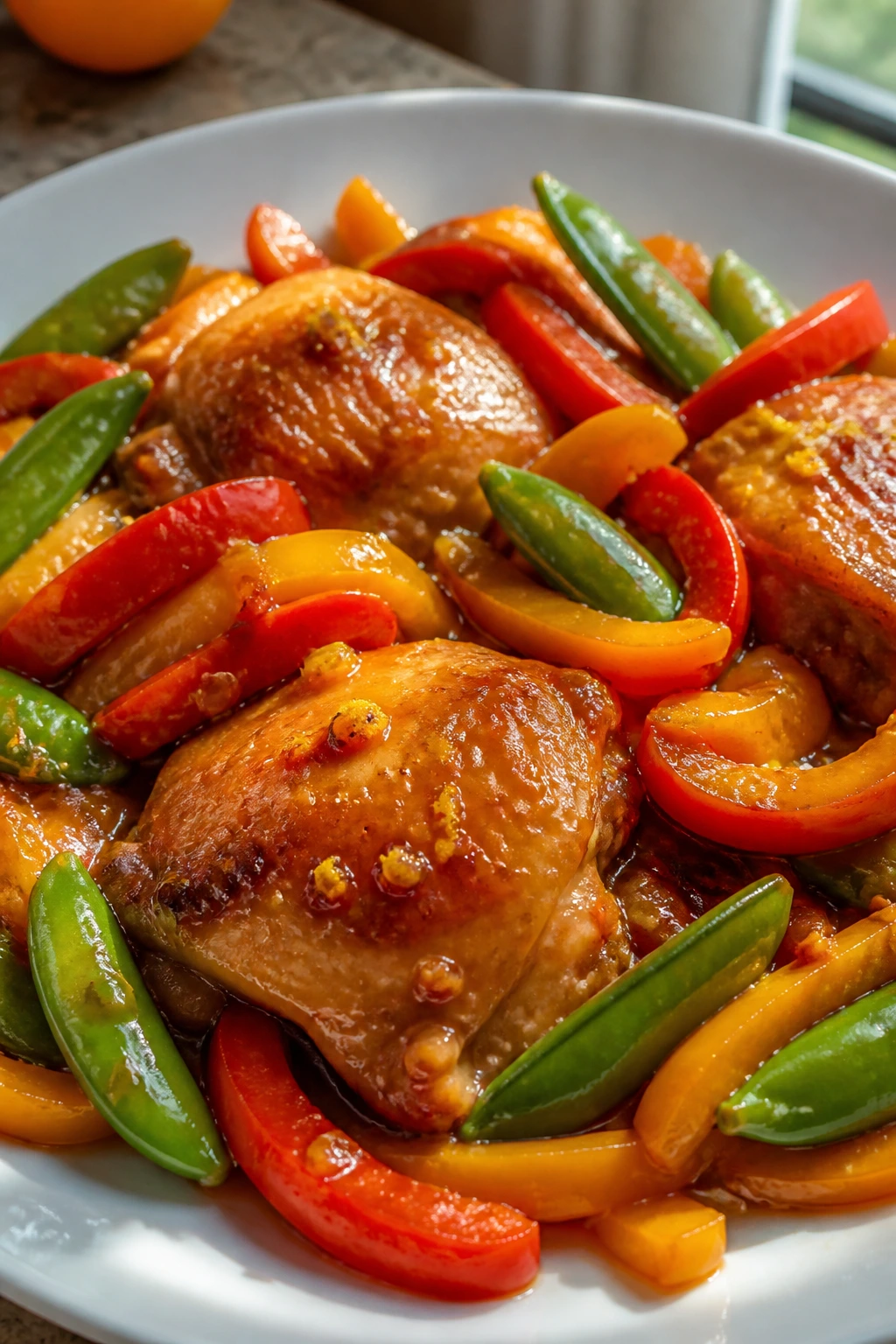 Close-up of orange chicken with peppers and snap peas on plate