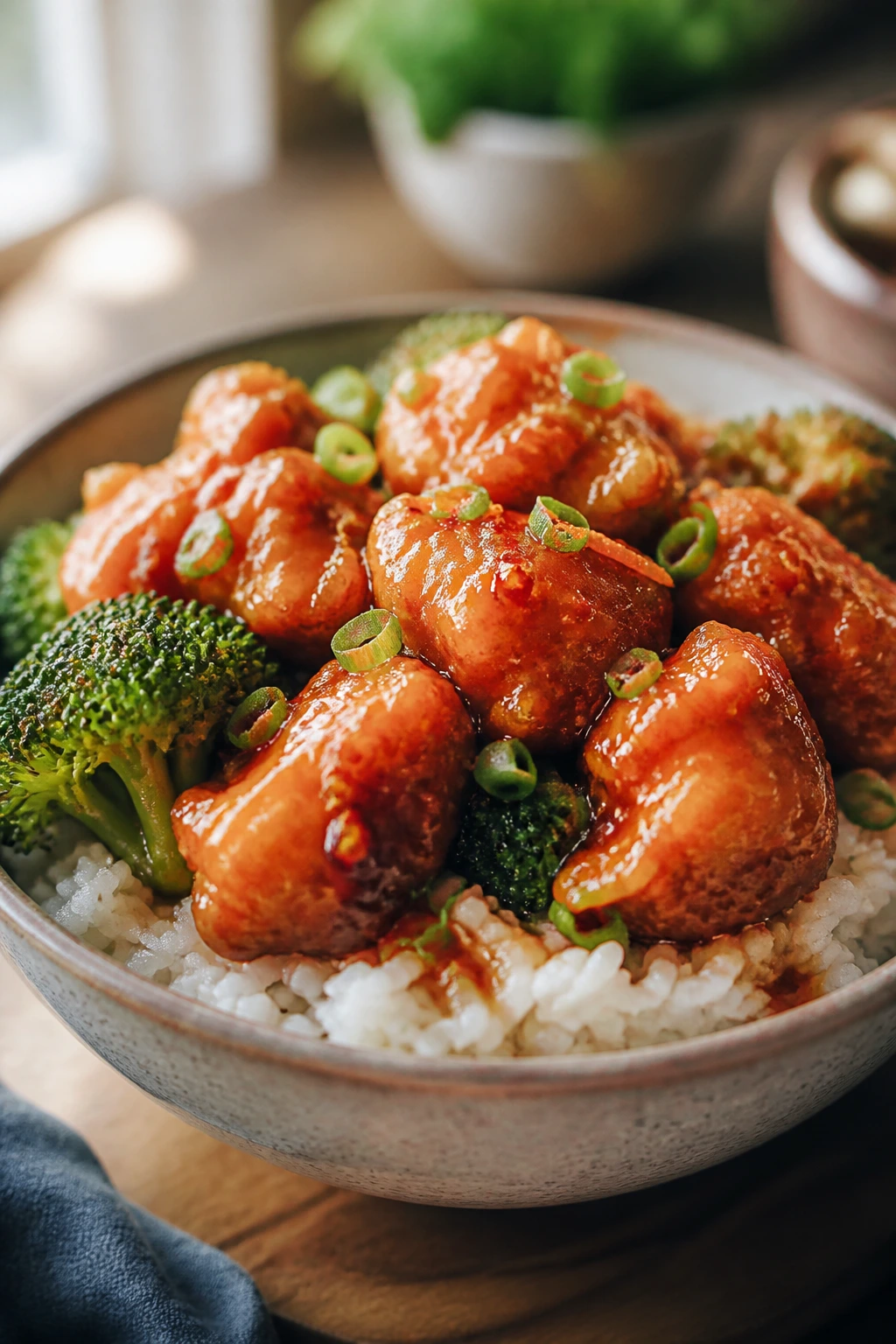 Close-up orange chicken rice bowl with broccoli