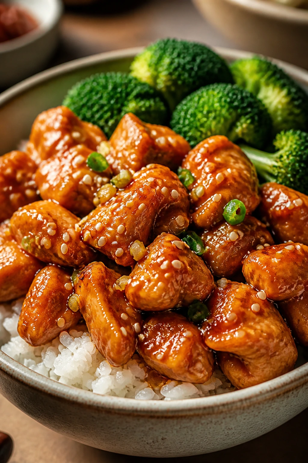 Glossy orange chicken over rice with broccoli in a bowl