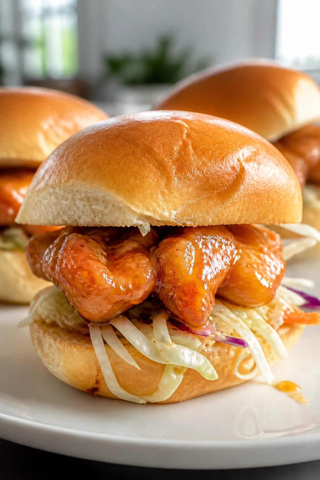 Close-up orange-glazed chicken slider with cabbage on plate