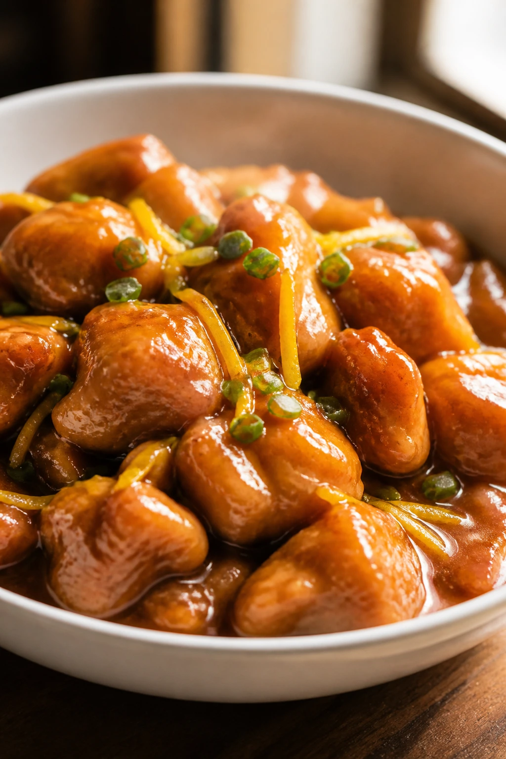 Close-up of glossy orange chicken pieces in a bowl with glaze