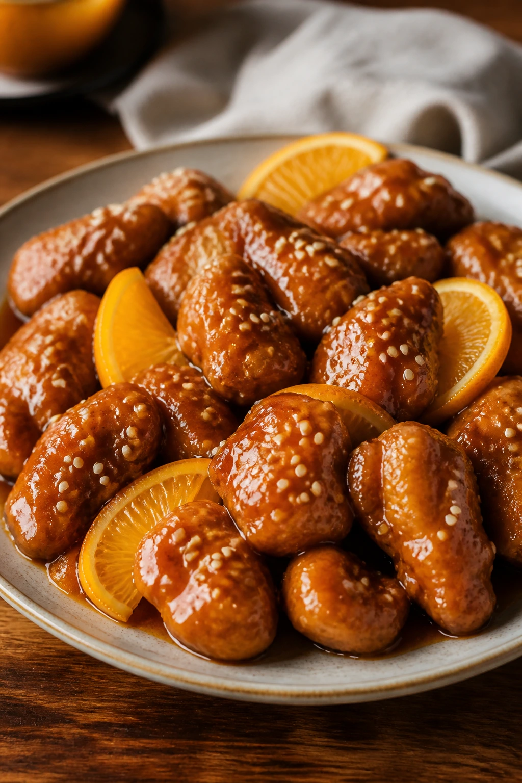 Glossy orange-glazed chicken pieces on a plate
