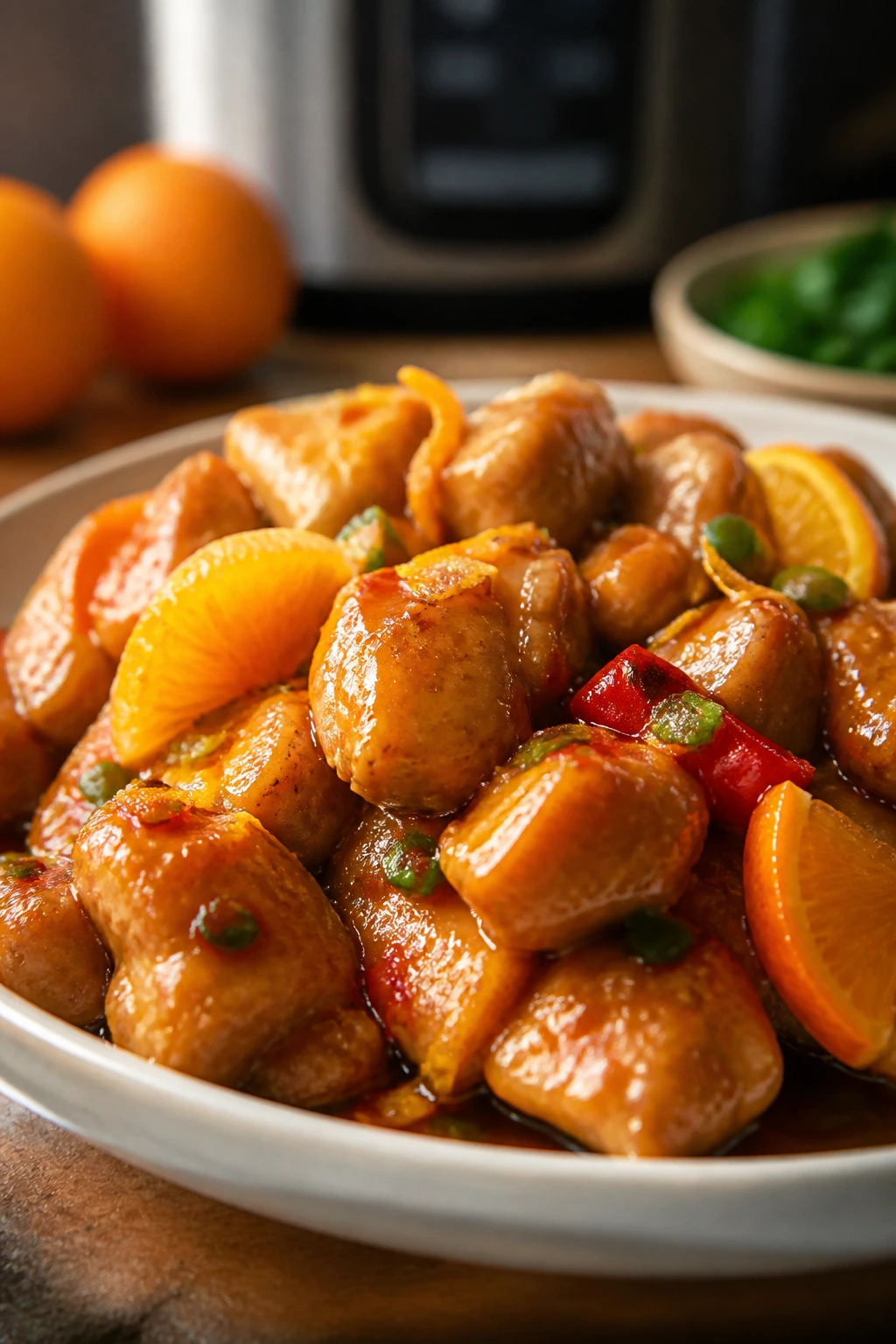 Close-up of orange chicken with glossy orange glaze