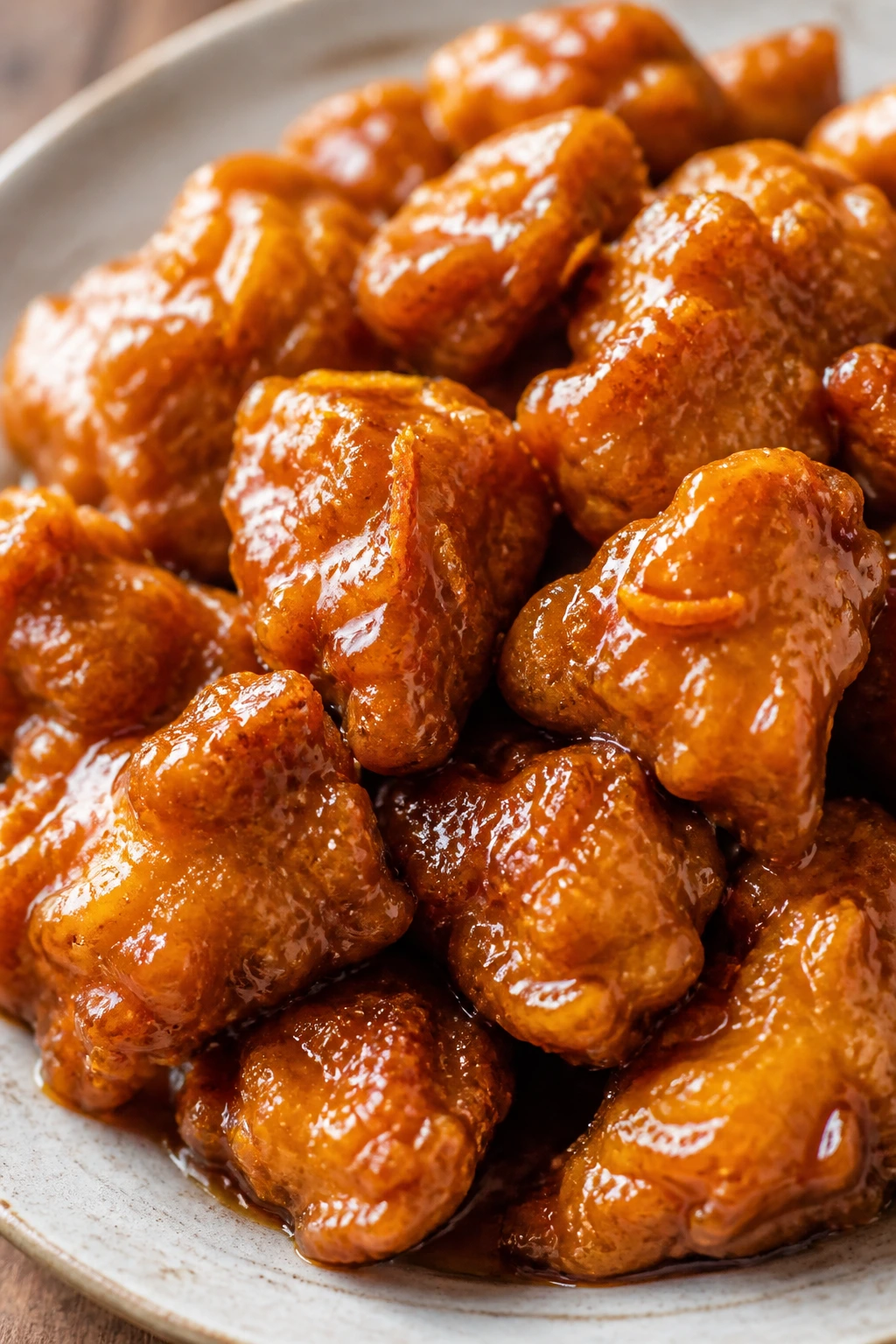 Orange chicken in lacquered glaze on plate with zest.