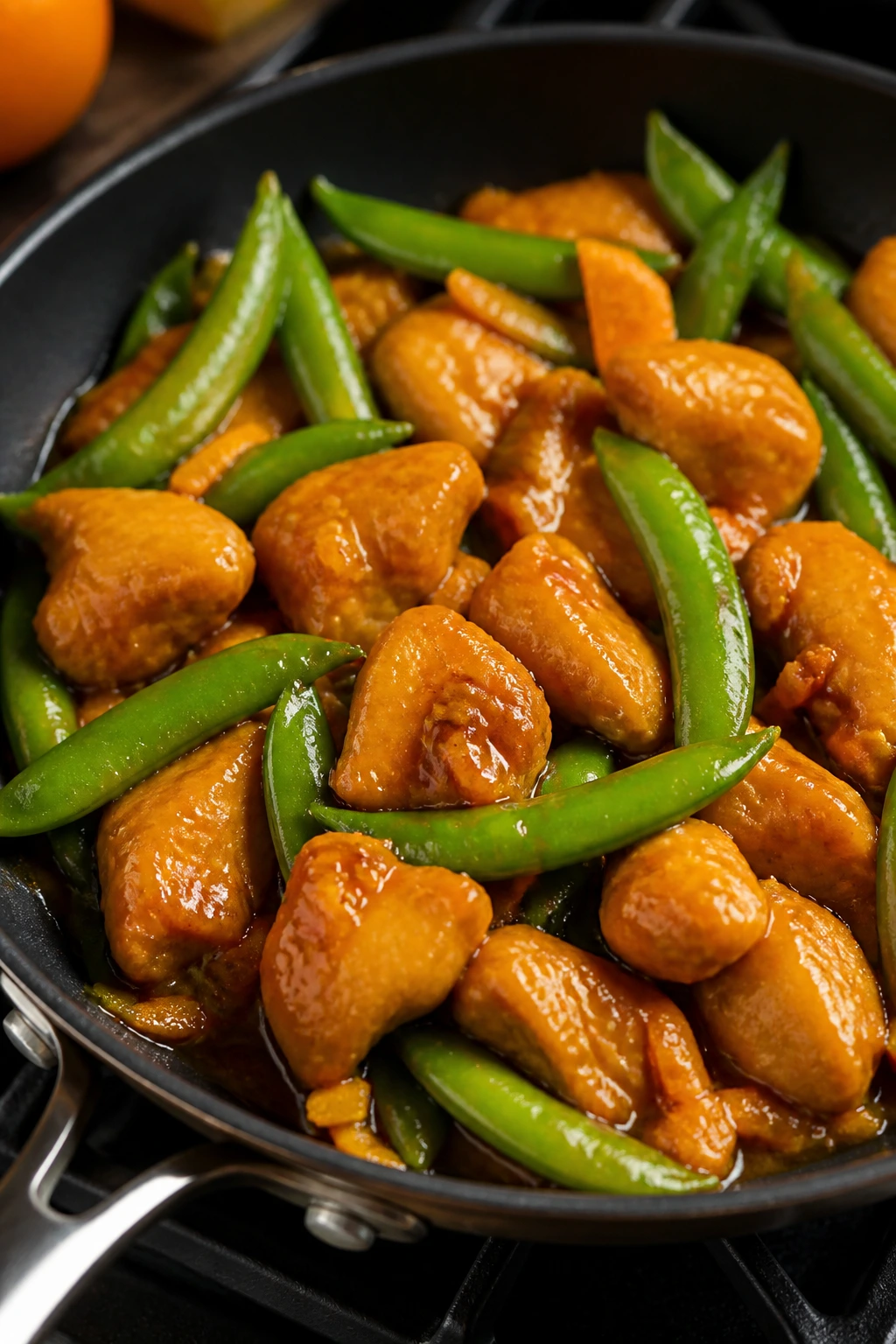 Orange chicken with snap peas in a skillet with glossy sauce