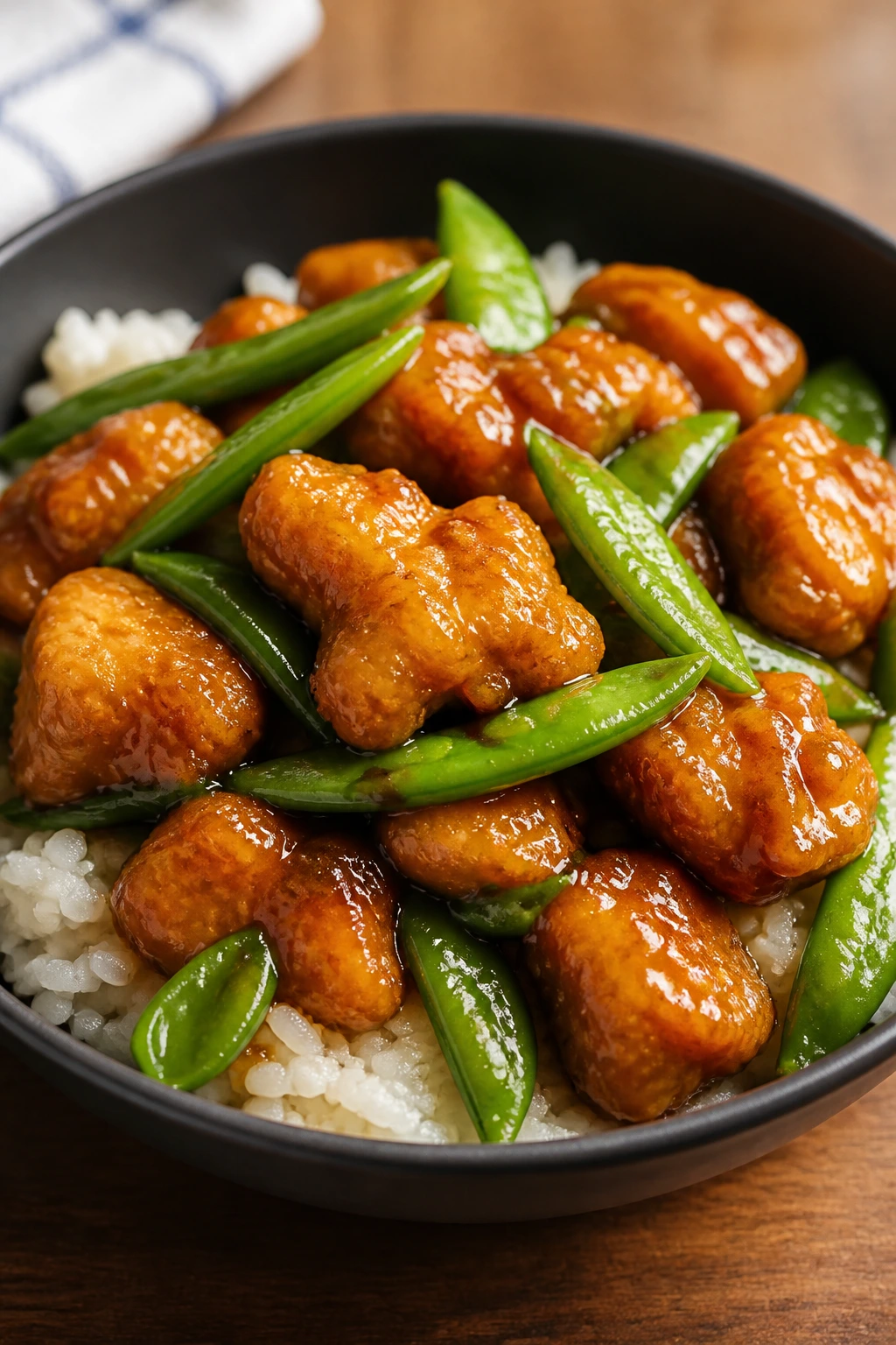 Orange chicken with snap peas over rice in a bowl