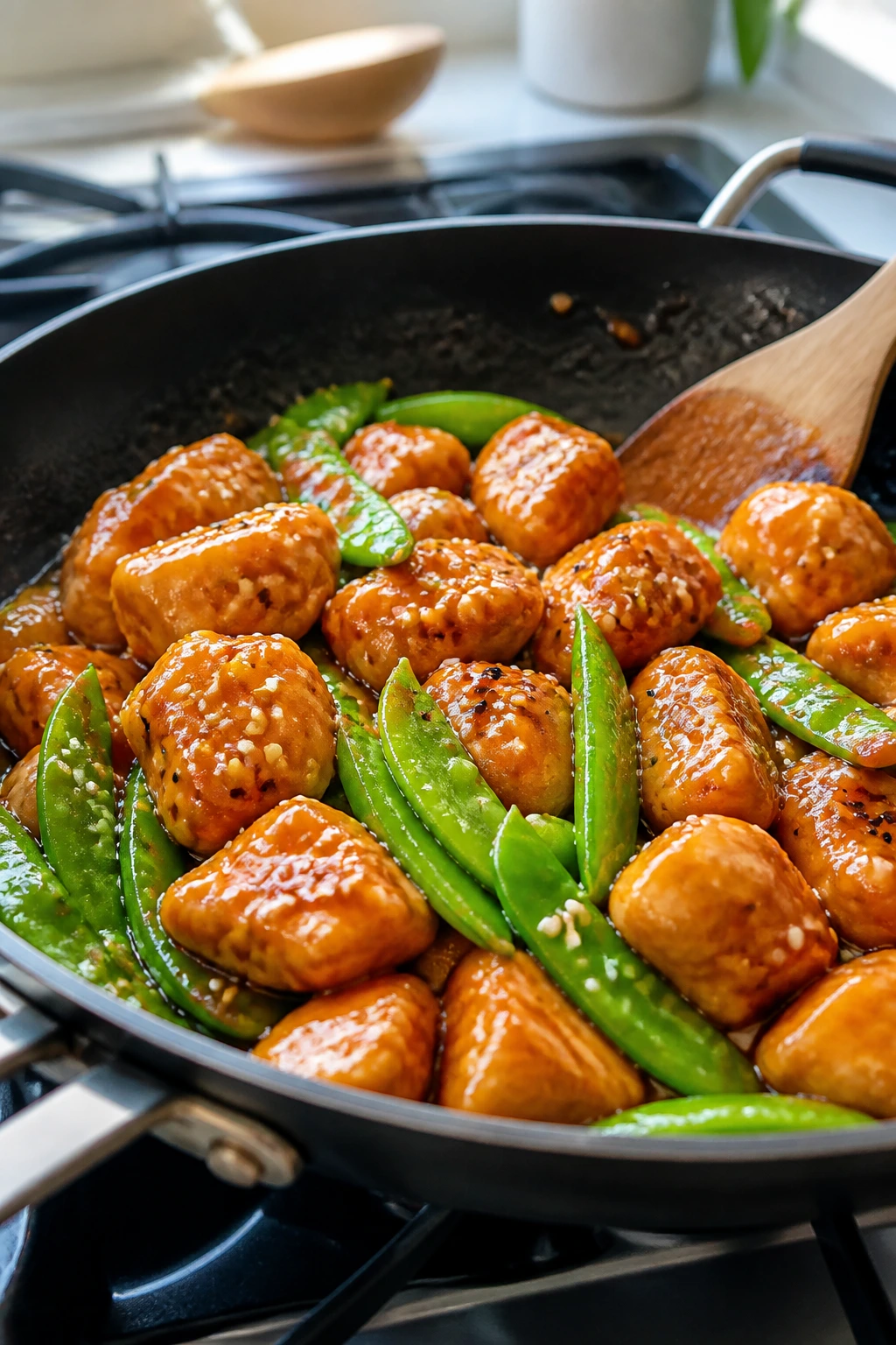 Orange glazed chicken and snap peas in a skillet, glossy sauce