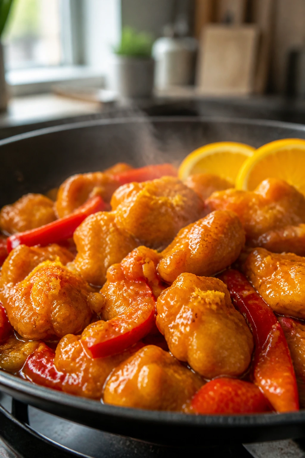 Close-up of orange chicken stir-fry with bell peppers and glossy citrus glaze