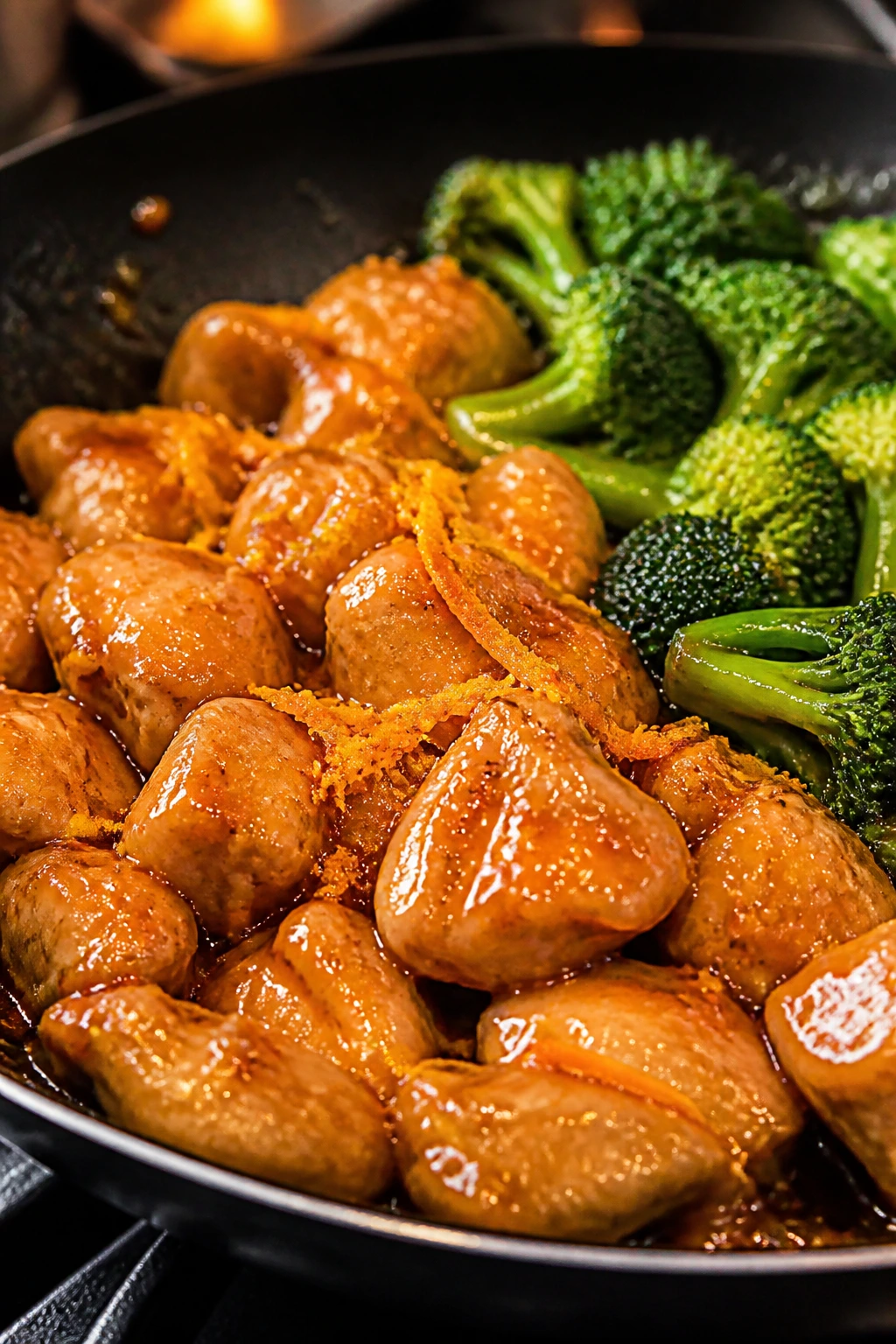 Close-up of orange chicken with glossy citrus glaze