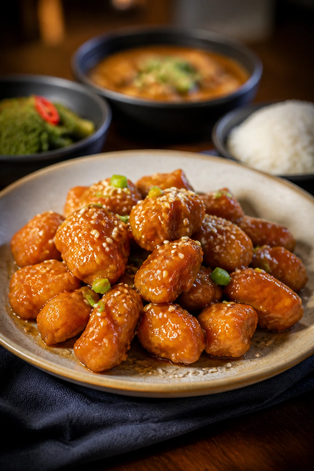 Plate of sticky orange chicken with glossy sauce on a dinner plate in warm kitchen lighting