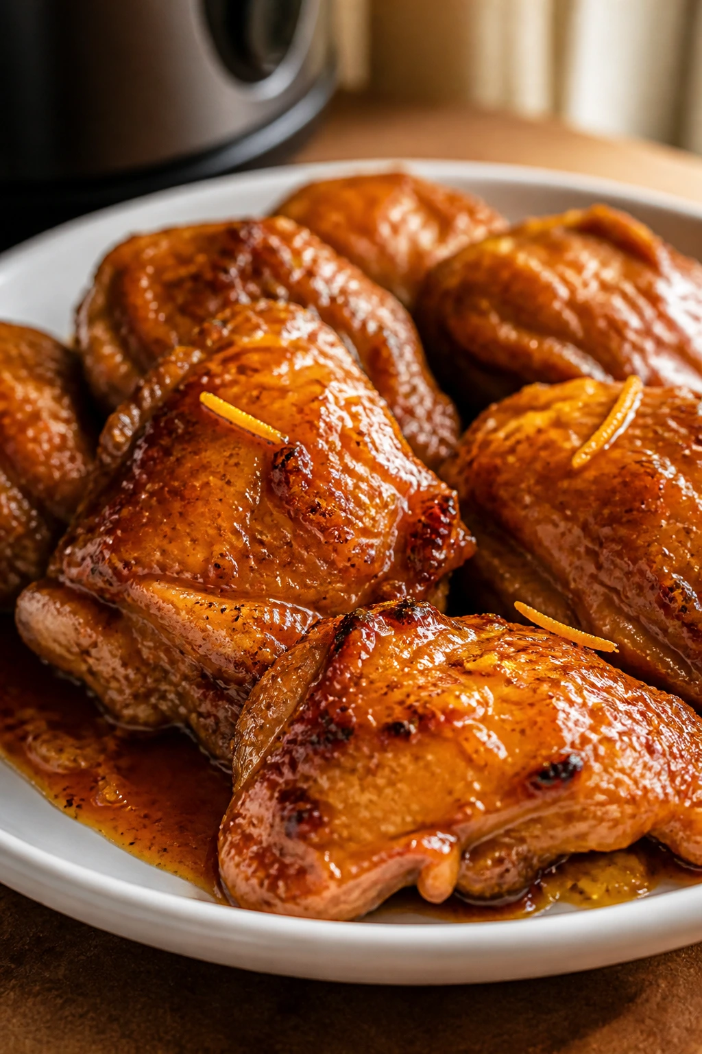 Close-up of orange-glazed chicken thighs with sticky citrus sauce