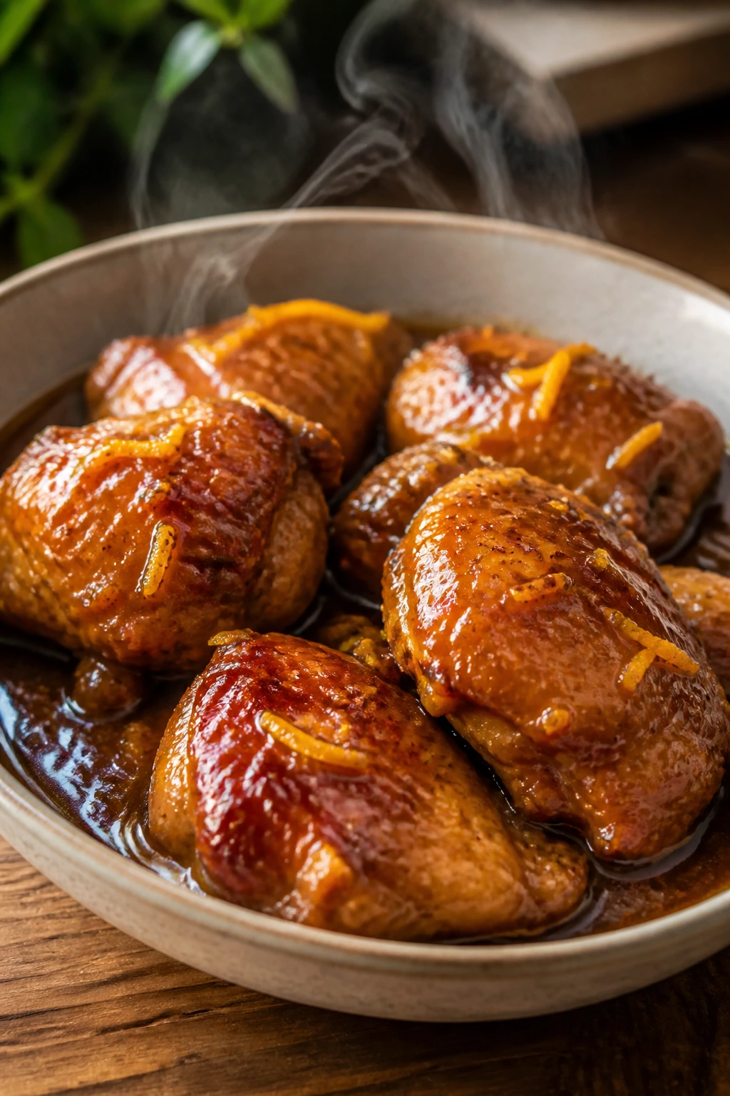 Chicken thighs in sticky orange glaze with orange zest in rustic bowl.