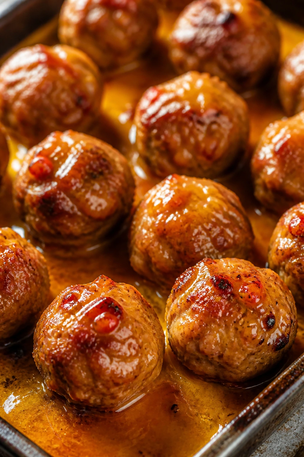Close-up Orange Chipotle Meatballs in amber glaze