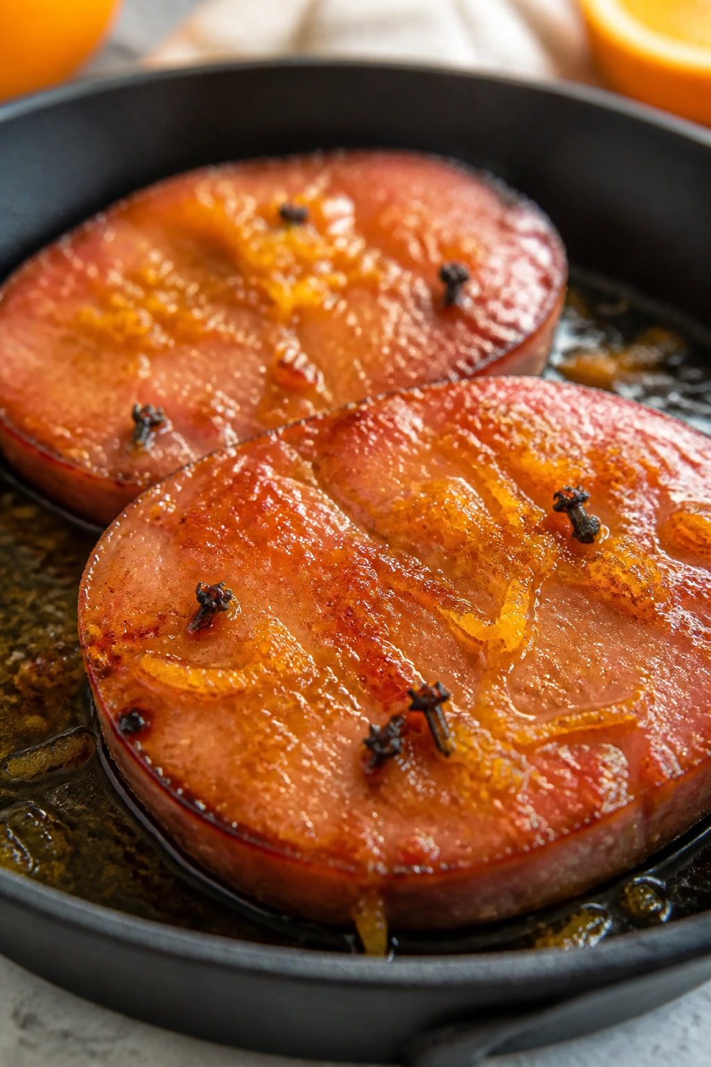 Ham steaks with orange glaze and zest in skillet