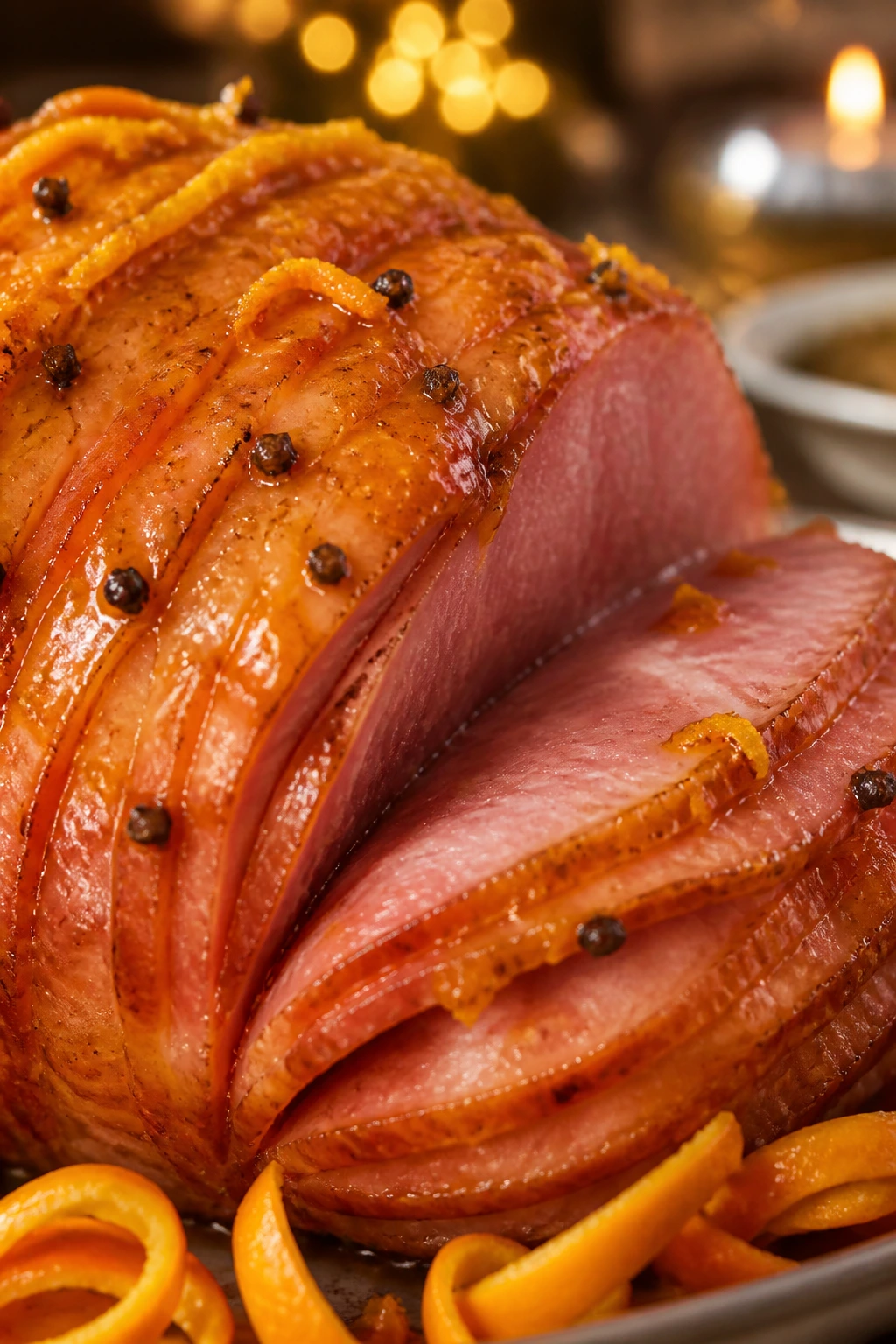Orange-clove holiday ham slice with orange glaze and clove specks