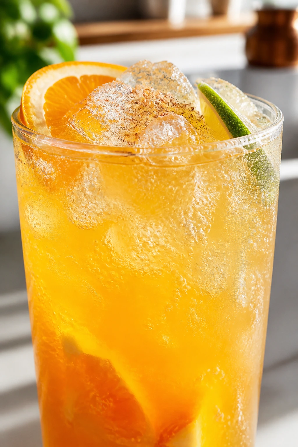 Sparkling orange coconut fizz in a tall glass with bubbles