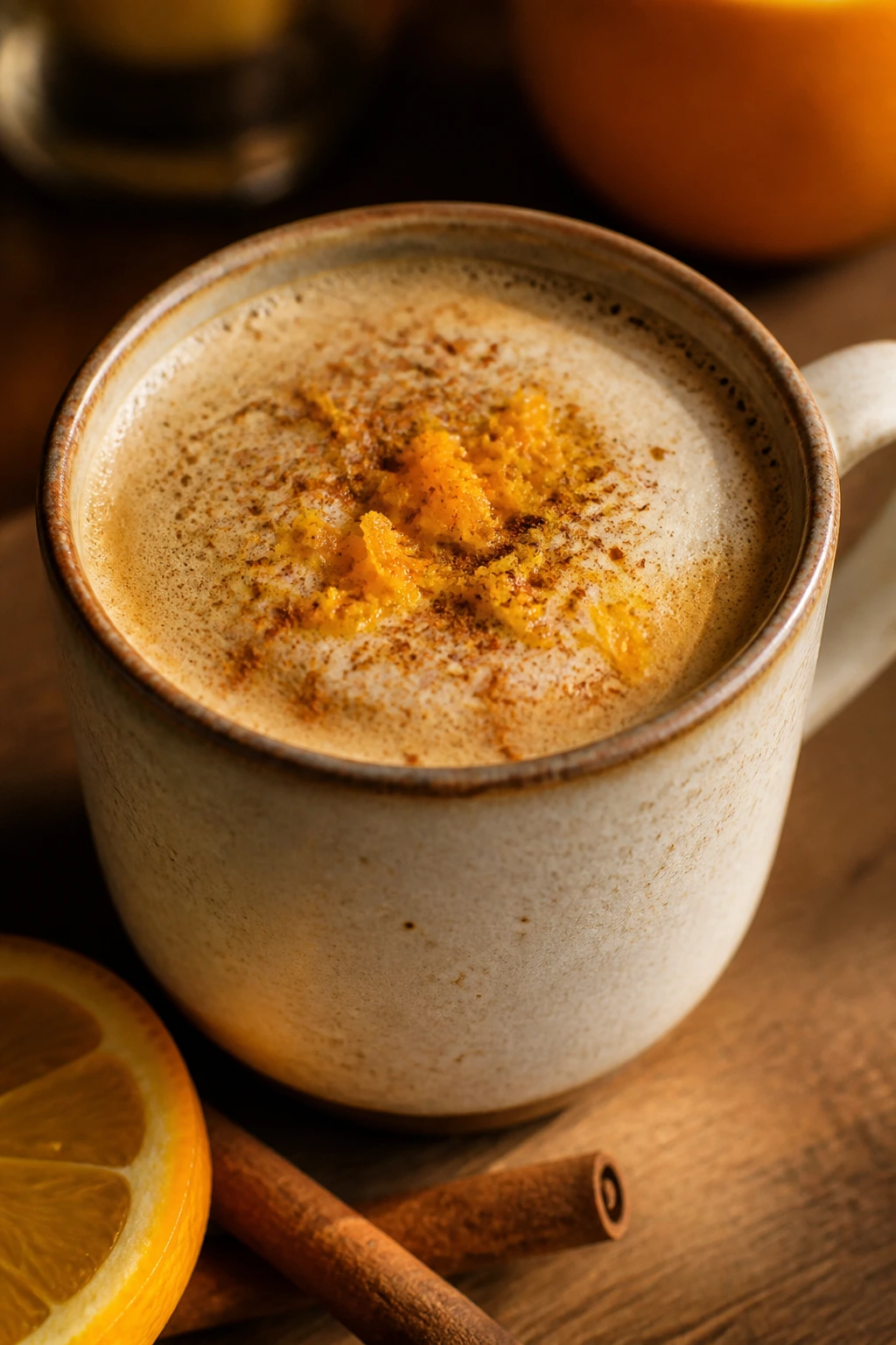 Close-up of Spiced Orange Coffee in a mug on a wooden table