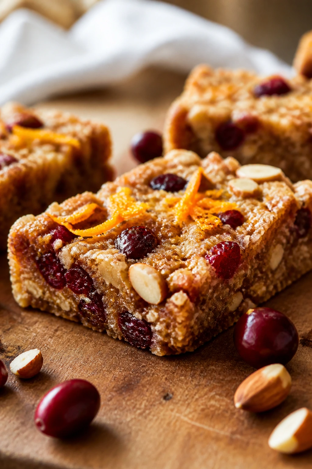 Close-up of Orange Cranberry Almond Bar slice with orange zest