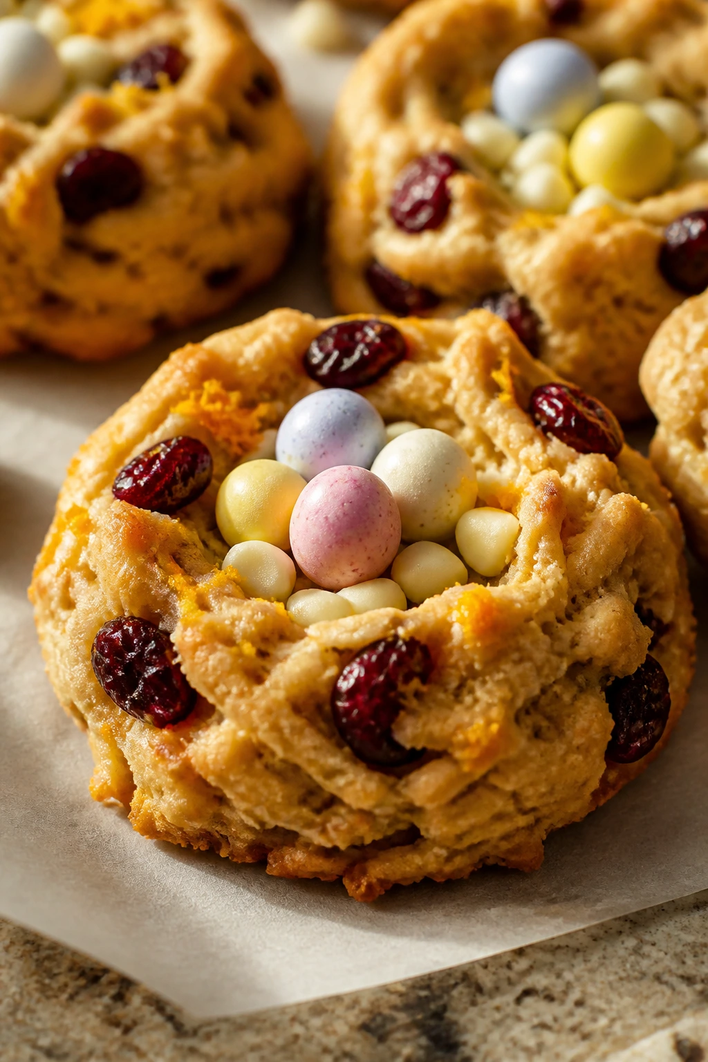 Close-up of orange cranberry nest cookie with orange zest and cranberries
