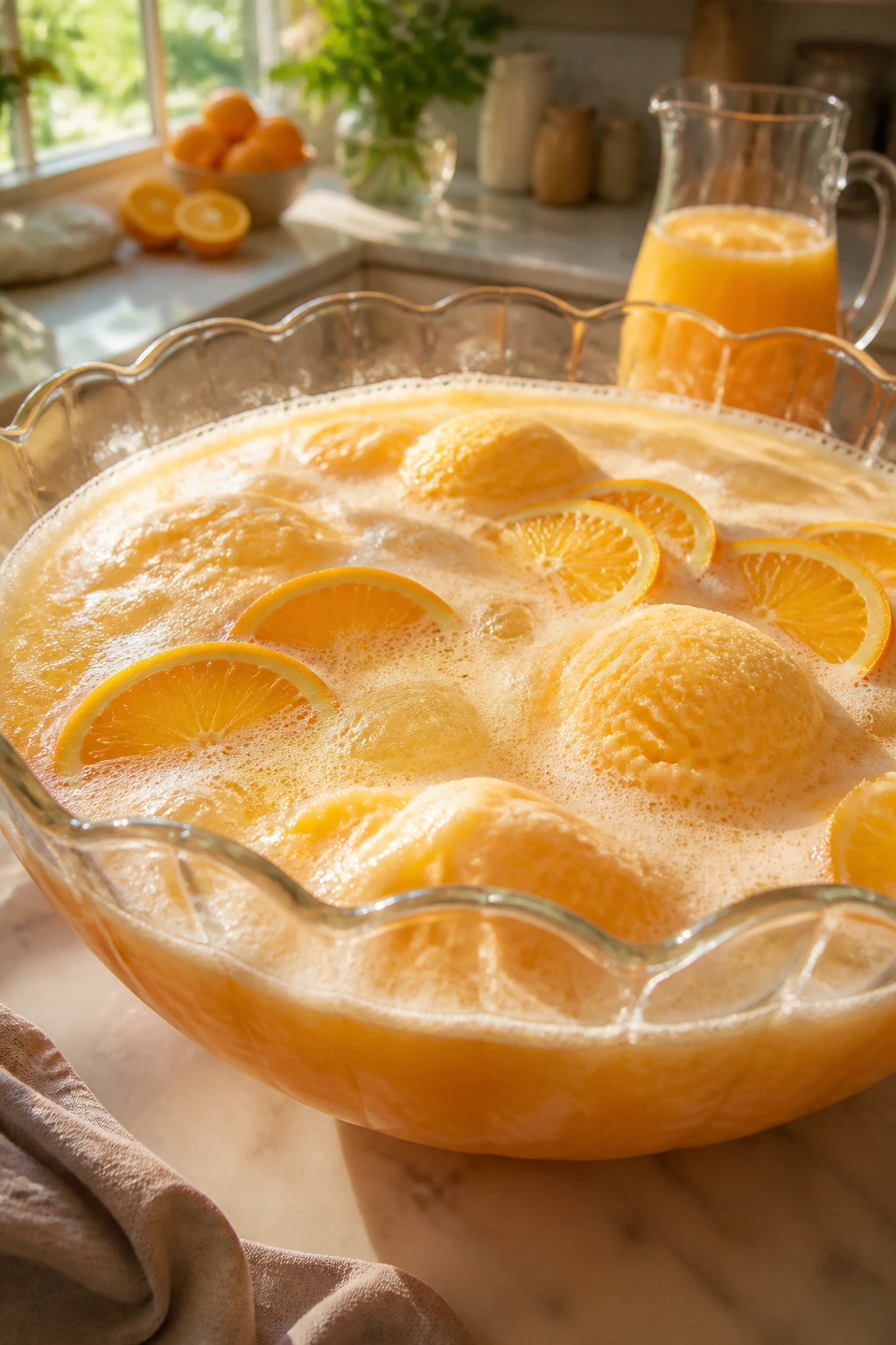 Close-up of orange sherbet punch with foam and orange slices in a punch bowl