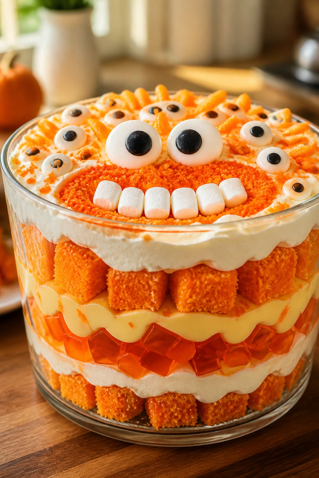Close-up of Orange Creamsicle Monster Trifle with orange cake, vanilla pudding, and monster-face toppings.