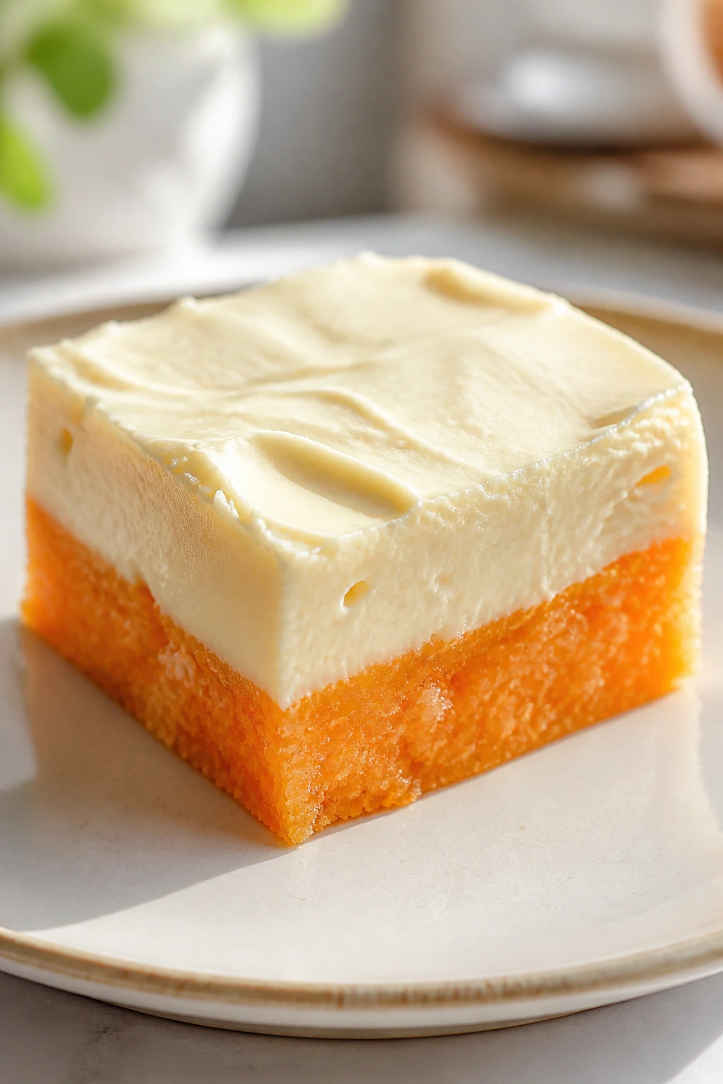 Close-up of orange creamsicle bar with orange layer and white topping