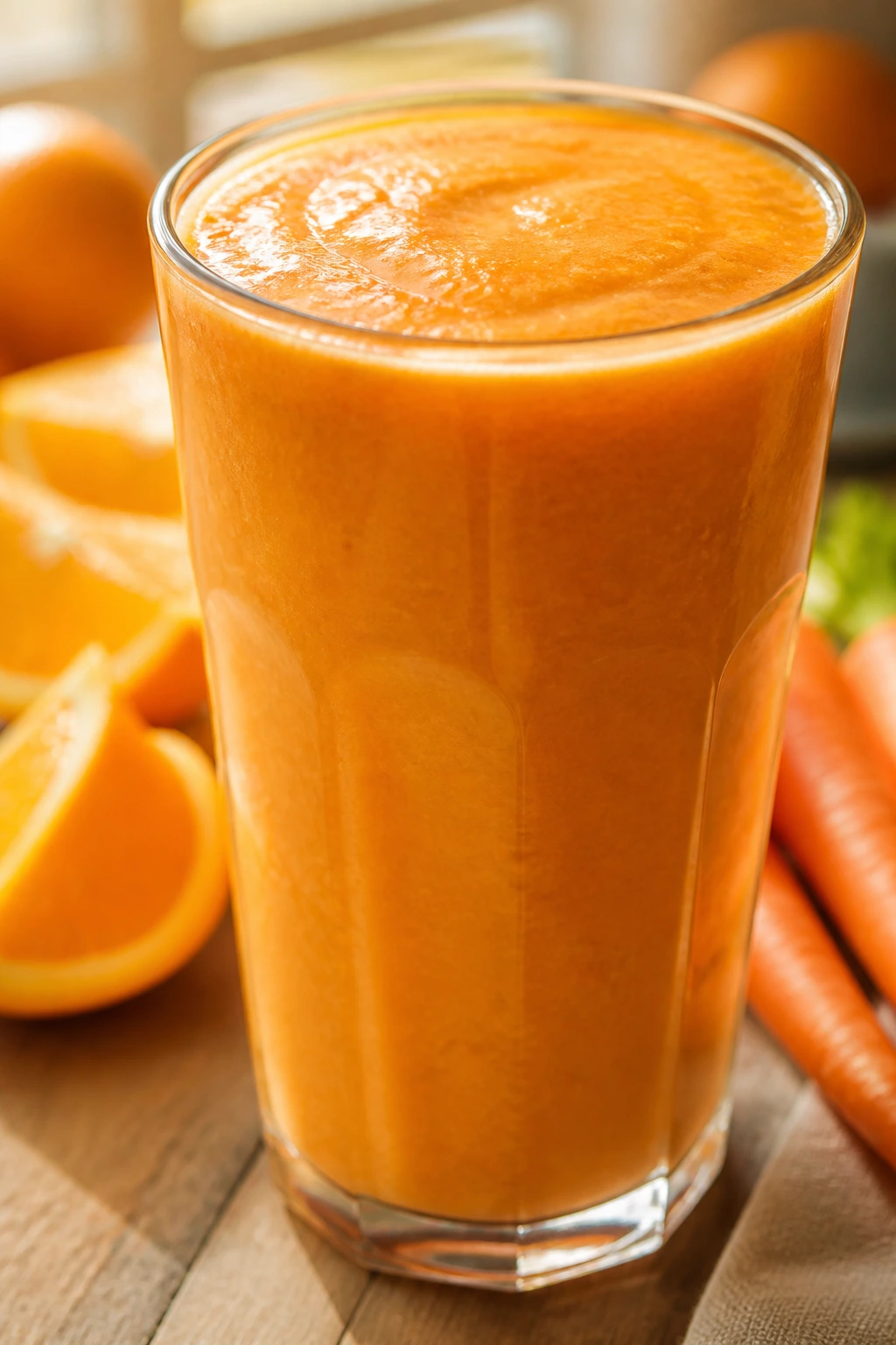 Glass of orange creamsicle carrot smoothie in a sunny kitchen