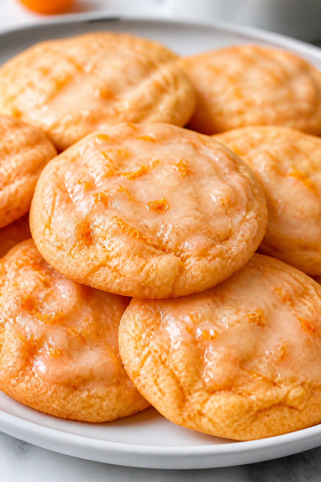 Close-up of orange creamsicle cake cookies with a light glaze