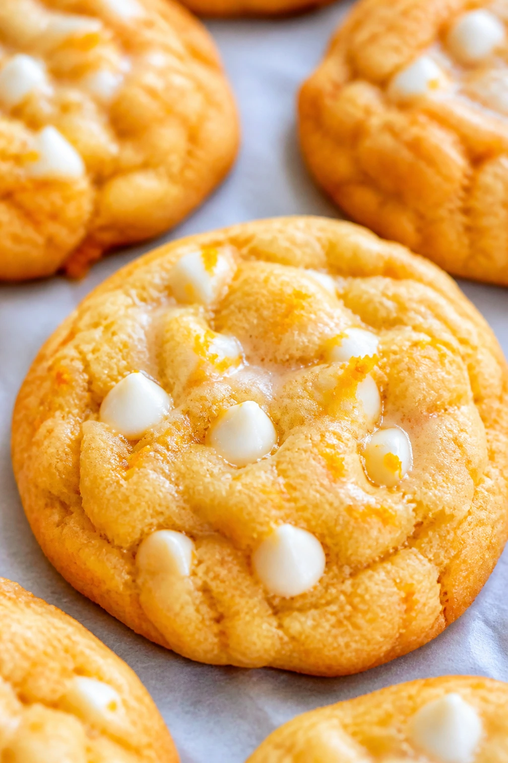 Close-up of orange zest cookies with white chips