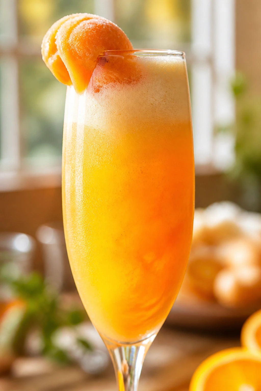 Close-up of Orange Creamsicle Mimosa with orange sorbet garnish on rim and vanilla notes